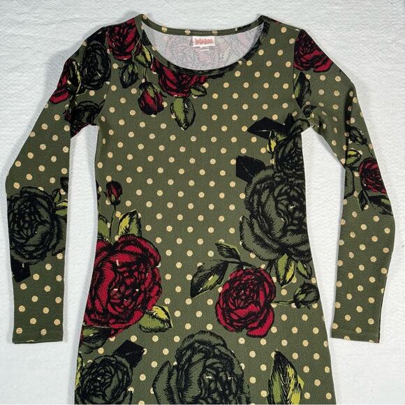 LuLaRoe Olive Green Debbie Metallic Gold Polka Dot Rose Floral Women’s Size XS - Picture 5 of 11